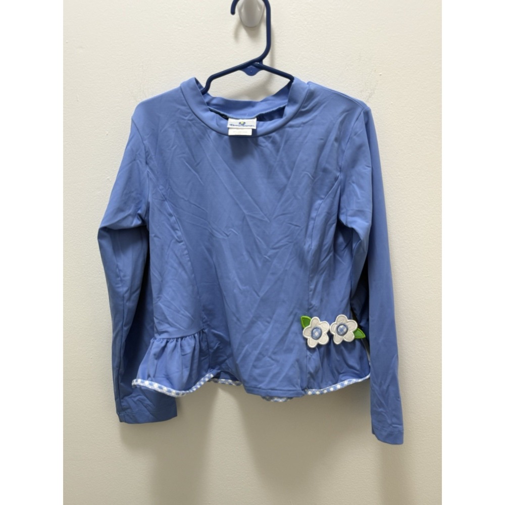 Florence Eiseman Girls Size 7 Blue Floral Ruffle Rash Guard Swim Top